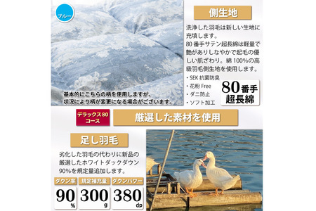 リフレッシュ 羽毛布団 シングル リフォーム  デラックス 【80サテン超長綿 青 柄おまかせ】｜