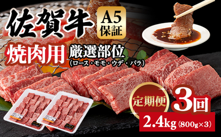 【定期便】佐賀牛 A5 焼肉用 厳選部位 800g 3回定期 計2.4kg(800gx3)  Q063-002 桑原畜産 ブランド牛 小分け 赤身 黒毛和牛 高評価 牛肉 人気 佐賀県 小城市 