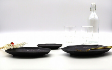 A25-335 有田焼 食材の彩りを引き立てる上品な黒 / 長八角皿SMLセット 深海三龍堂 食器 おしゃれ 黒い器 黒い皿 ワンプレート 角皿 金善