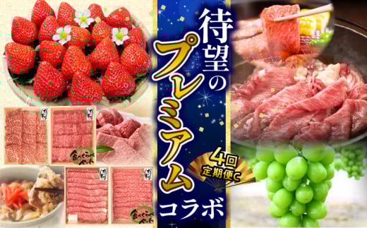 【ふるさと納税】プレミアムコラボ【4回】定期便C 果物 果実 肉 お肉 牛肉 セット 詰め合わせ 食べ比べ 定期 定期便 切り落とし モモ 肩ロース スライス いちご シャインマスカット 送料無料 バーベキュー   シャインマスカット