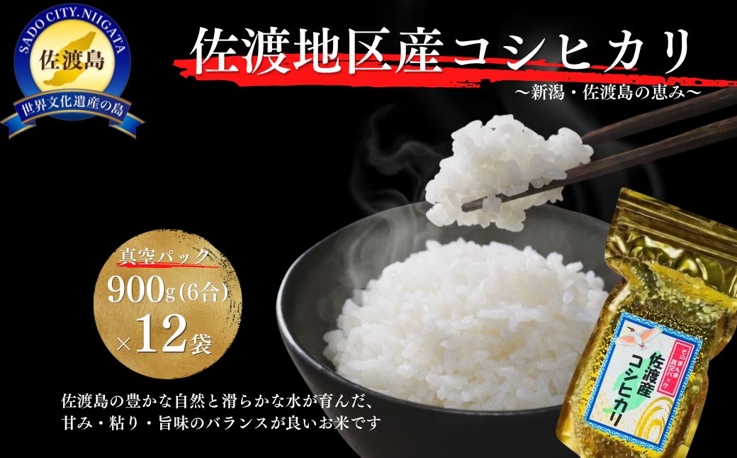 【令和7年度産米】佐渡産コシヒカリ そのまんま真空パック 900g×12袋セット