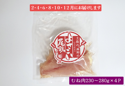 【定期便 6回】よさこい尾鶏 むね肉(230～280g×4パック)