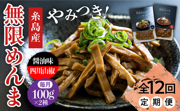 
【全12回定期便】【国産】無限 めんま 100g × 2種 食べ比べ セット ( 醤油味 / 四川山椒味 ) メンマ 糸島市 / レストランITOSHIMA by Salute [AWJ010]
