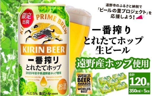 キリン 一番搾り とれたてホップ 生ビール 350ml × 24本 5ケース  ＜ 遠野産ホップ 使用 ＞  限定 ビール お酒 BBQ 宅飲み 家飲み 晩酌 ギフト 缶ビール KIRIN 麒麟 きりん キリンビール 人気 ＜ ビールの里 農家 支援 応援 ＞  WBA2025 International Lager 世界一