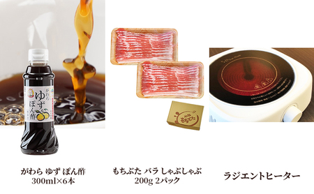 自宅でしゃぶしゃぶ ! もちぶた バラ しゃぶしゃぶ 200g 2パック がわら ゆず ぽん酢 300ml×6本 ラジエントヒーター 1000Wのセット【3品別送お届け】しゃぶしゃぶ 和豚 もち豚 豚