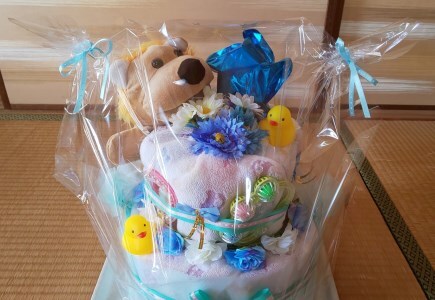 オムツケーキ　Mサイズ【直径：約20cm~35cm、高さ：約40cm】（ブルー）（015_5002）