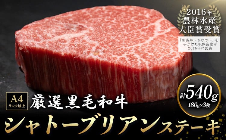 
                  A5 A4 ランク 厳選 くまもと黒毛和牛 シャトーブリアンステーキ 3枚 (180g×3枚)《30日以内に出荷予定(土日祝除く)》熊本県 大津町 和牛焼肉LIEBE シャトーブリアン ステーキ 冷蔵 リーベ
                