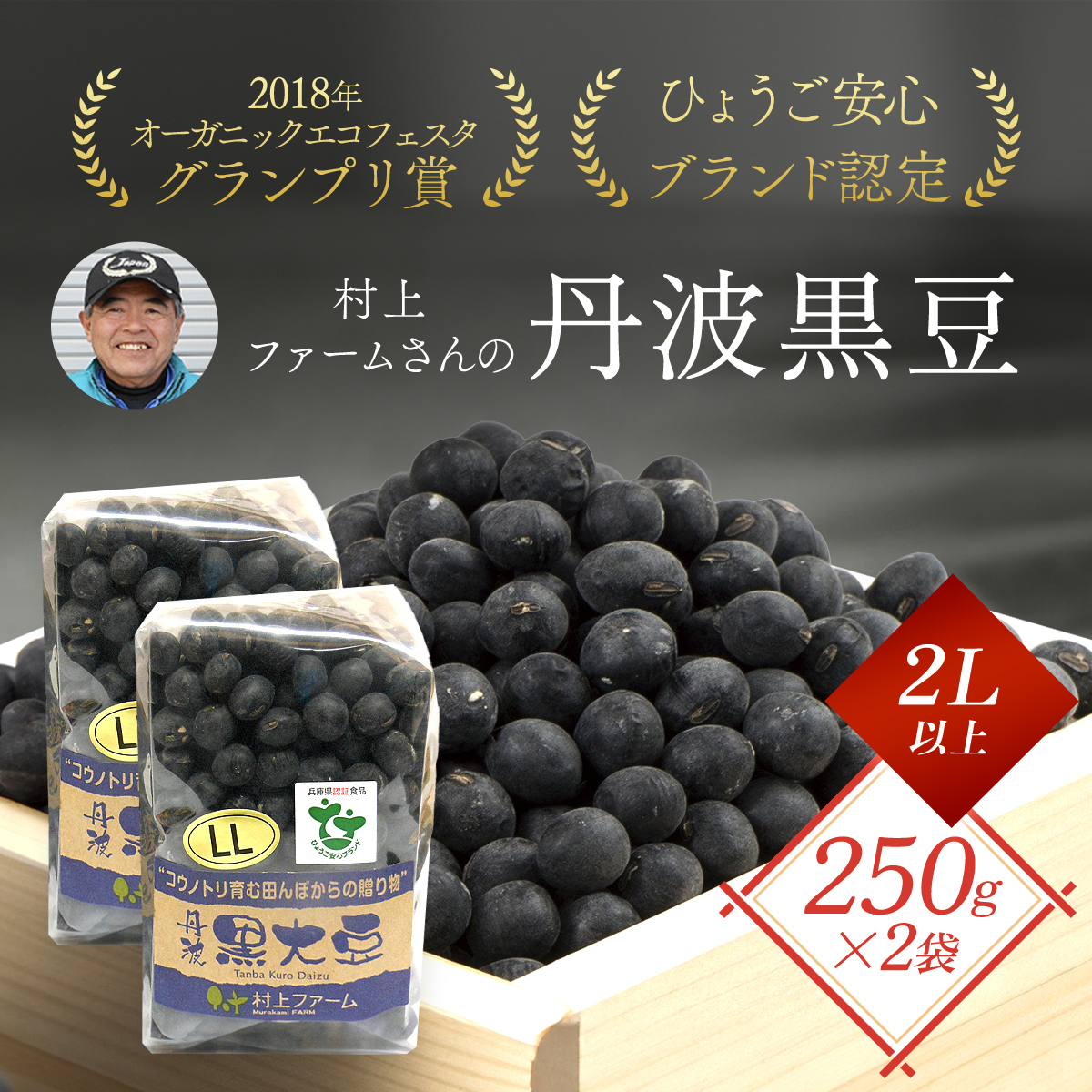 有機JAS 農薬不使用 大粒『丹波黒大豆』500g（250g×2袋）【5910800】年内配送 年内発送 丹波 黒大豆 黒豆 おせち 正月 有機JAS 無農薬 安心 安全 オーガニックエコフェスタ最優秀賞 大粒 艶やか コク 旨味 村上ファーム　AS1BA19