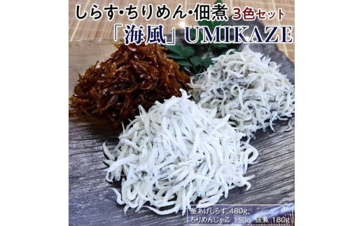 
                  しらす・ちりめん・佃煮3色セット「海風」 UMIKAZE / シラス 厳選 小分け 冷蔵便【dig009A】
                