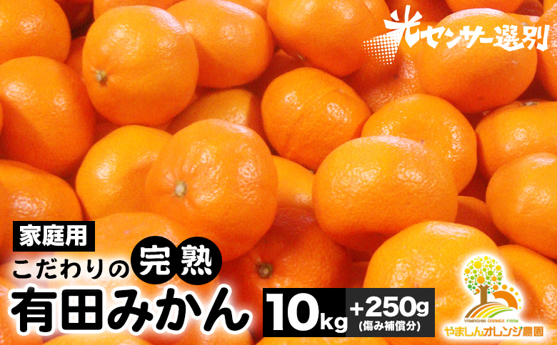 ＼光センサー選別／こだわりの完熟有田みかん 10kg＋250g(傷み補償分) 【ご家庭用】サイズ混合 有機質肥料100%◆ ｜ ふるさと納税 みかん ※2025年11月中旬～2026年1月上旬頃に順次発送予定 ※北海道・沖縄・離島への配送不可