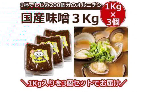 
一杯でしじみ200個分のオルニチン味噌3kg（1kg×3個）【国産 しじみ 蜆 味噌 味噌汁 みそ汁 栄養 栄養価 オルニチン 食品 人気 おすすめ 送料無料 福岡県 大任町 ふるさと納税 A005】
