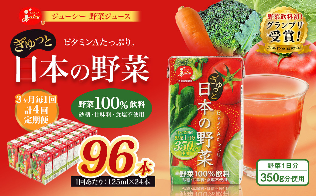 
                  【3ヶ月毎4回定期便】【野菜飲料初！ジャパンフードセレクション グランプリ受賞】 ジューシー 野菜ジュース ぎゅっと日本の野菜 100％ 125ml×24本 ジュース 紙パック 国産 
                