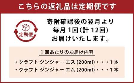 【12ヵ月定期便】 Craft GingerS&amp;M 200ml 無添加 国産 生姜 ジンジャーシロップ 2本セット 合計4.8L ／ シロップ しょうが ジンジャー 高知県 香美市