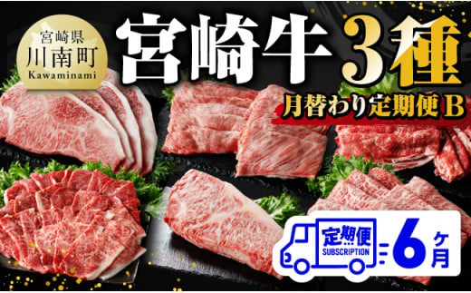 【 6ヶ月定期便 】 宮崎牛 3種 月替わり 定期便B 全6回【 肉 牛肉 国産 宮崎県産 A4～A5等級 宮崎牛 黒毛和牛 和牛 焼肉 しゃぶしゃぶ すきしゃぶ 焼しゃぶ ステーキ 】 [E11013t6]