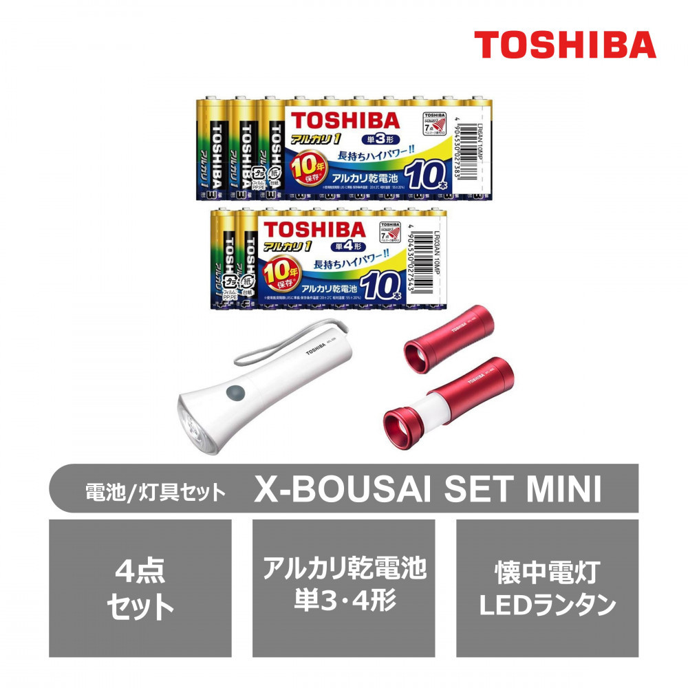 東芝 防災グッズ 4点セット アルカリ乾電池 単3・4形 懐中電灯 LEDランタン付きライト X-BOUSAI SET MINI 長持ち 使用推奨期限 10年 災害 アウトドア 防災グッズ 備蓄 乾電池 ロングセラー 家電 おすすめ 人気 TOSHIBA 神奈川県 川崎市【kw0240-0217】