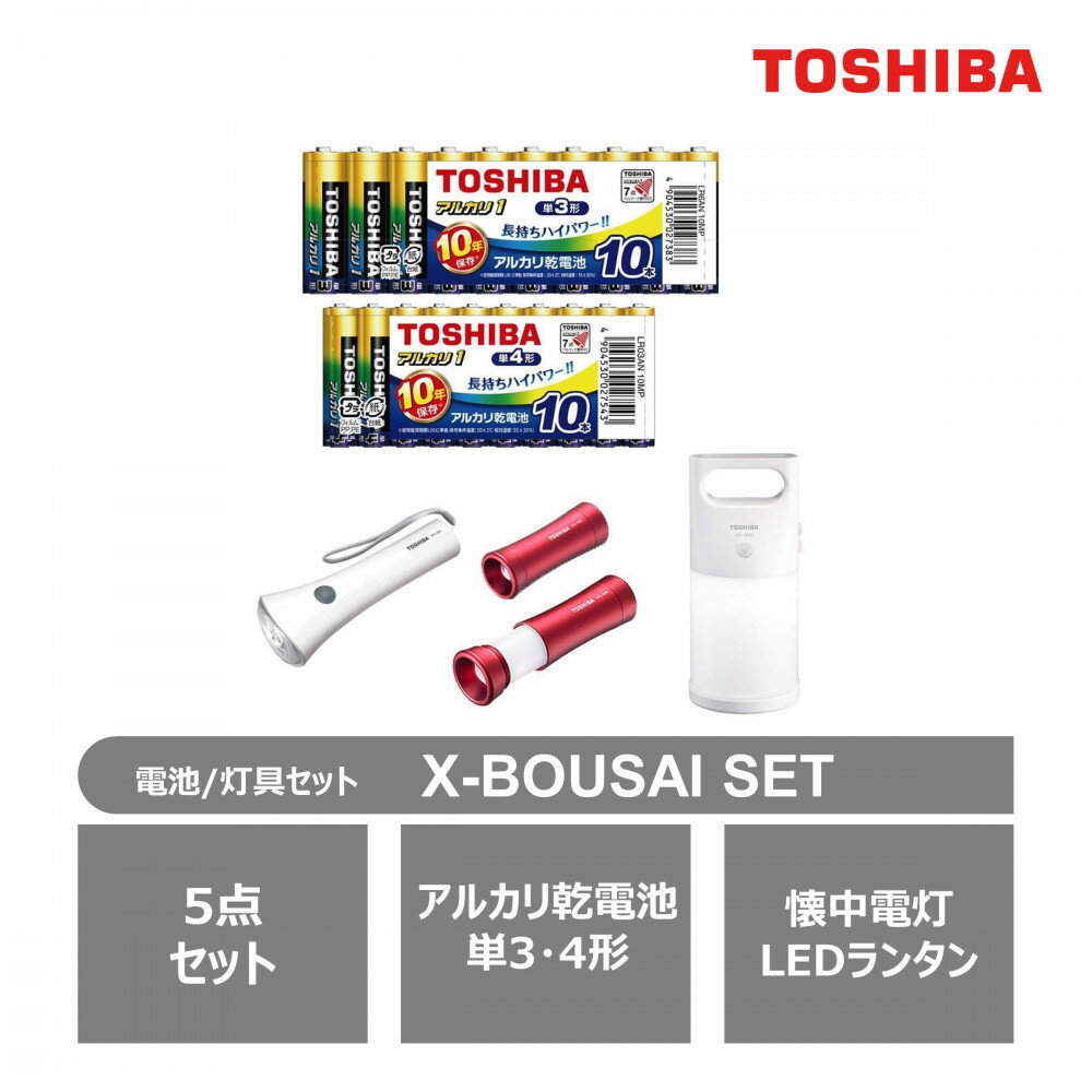 【ふるさと納税】東芝 防災グッズ 5点セット アルカリ乾電池 単3・4形 懐中電灯 LEDランタン LEDランタン付きライト X-BOUSAI SET 長持ち 明るさ切替 使用推奨期限 10年 アウトドア キャンプ 防災グッズ 防災用品 災害 備蓄 乾電池 電池 ロングセラー 家電
