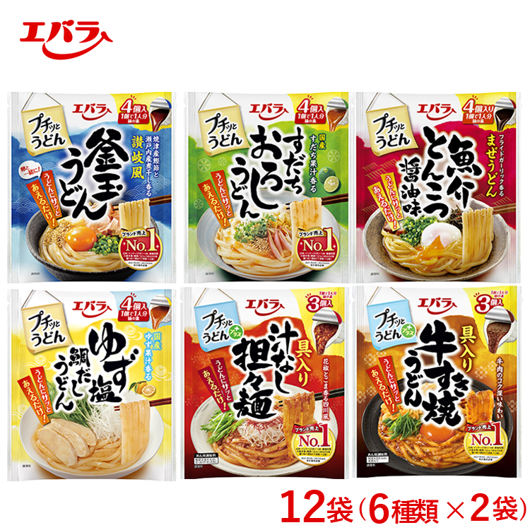 12袋（6種類×2袋）プチッとうどん バラエティ詰め合わせセット｜エバラ 調味料 つゆ うどん スープ