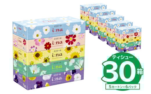 【ハーフサイズ】エリエール i:na（イーナ）ティシュー　150W5P×6パック  【 ボックス ティッシュ ペーパー ボックス ティッシュ 箱ティッシュ  日用品 新生活 備蓄 防災 消耗品 生活雑貨 生活用品 ストック パルプ100％ 岐阜県 可児市 】