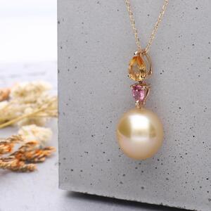 【水仙】無調色 一粒 ゴールデンパール（白蝶真珠） 10mm シトリン ピンクトルマリン K18YG ペンダント ネックレス