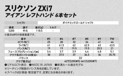 スリクソン ZXi7 アイアン レフトハンド ダイナミックゴールド スチールシャフト 6本セット（＃5～9、PW/S200）【2027モデル】_C7-SR-010-IS6-dg-S200-LH ダンロ