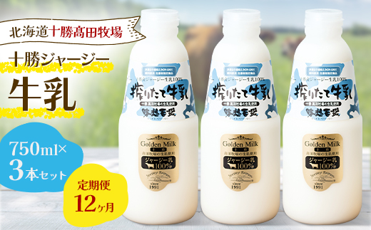 【毎月定期便】【十勝高田牧場】十勝搾りたてジャージー牛乳 750ml×3本セット全12回【配送不可地域：離島】【4085623】