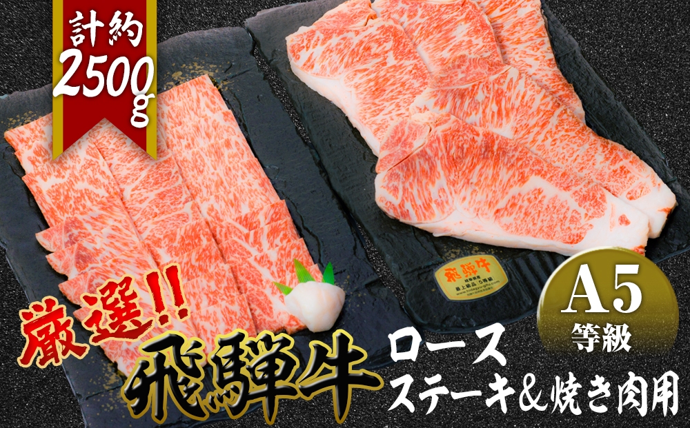 
                  店主こだわり雌牛 飛騨牛A5等級　ステーキ＆焼き肉用計約2.5kg [No.117] ／ 牛肉 ブランド牛 やきにく 焼肉 メス牛 冷凍 岐阜県 特産
                