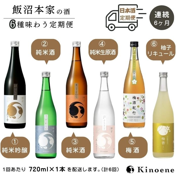 
                  kinoene 日本酒 いろいろ味わう定期便（ はなやか / やわらか / うまから / 純米生原酒 / 梅酒 / 柚子酒 ）を順にお届け 720ml 瓶 甲子 日本酒  日本酒リキュール 飲み比べ 定期便［連続6ヶ月］ひと月1本お届け 合計6本
                