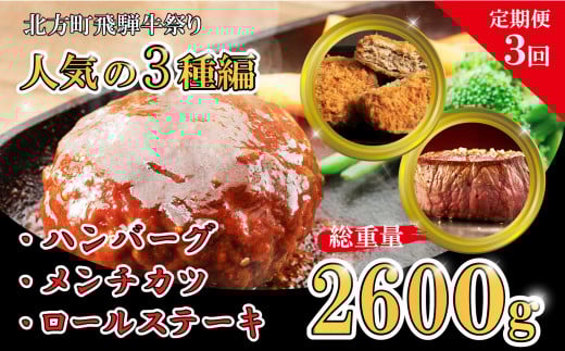 【定期便3回】北方町飛騨牛祭り 人気の3種編 | 飛騨牛 黒毛和牛 牛肉 牛 メンチカツ ロールステーキ ハンバーグ 惣菜 お惣菜 おかず お弁当 生活応援 人気