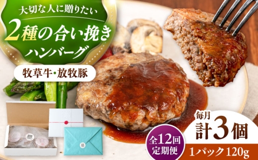 【全12回定期便】　【牧草牛×放牧豚】ハンバーグ 3個 《厚真町》【GOODGOOD株式会社】ハンバーグ 牛肉 豚肉 合い挽き ジビエ 小分け 冷凍配送 贈り物 プレゼント 北海道 [AXBP025]