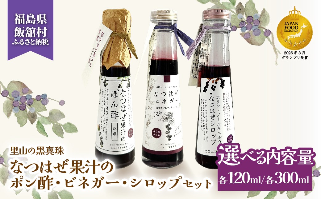 
                  【ジャパン・フード・セレクション グランプリ受賞！】なつはぜ果汁のポン酢、ビネガー、シロップ 【選べる内容量】 各120ml / 各300ml【 ふるさと納税 人気 おすすめ ナツハゼ 名物 特産 ポリフェノール 抗酸化 疲労回復 健康 美容 ポン酢 ビネガー 酢 シロップ 復興 福島 飯舘村 】 ITTAA005-v
                