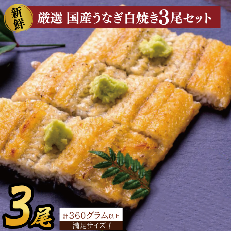 満足サイズ！国内産うなぎ白焼(酒蒸し)120～140g 3尾　計360g以上|うなぎ 鰻 白焼 酒蒸し 満足 茨城県 行方市（AD-144-1）
