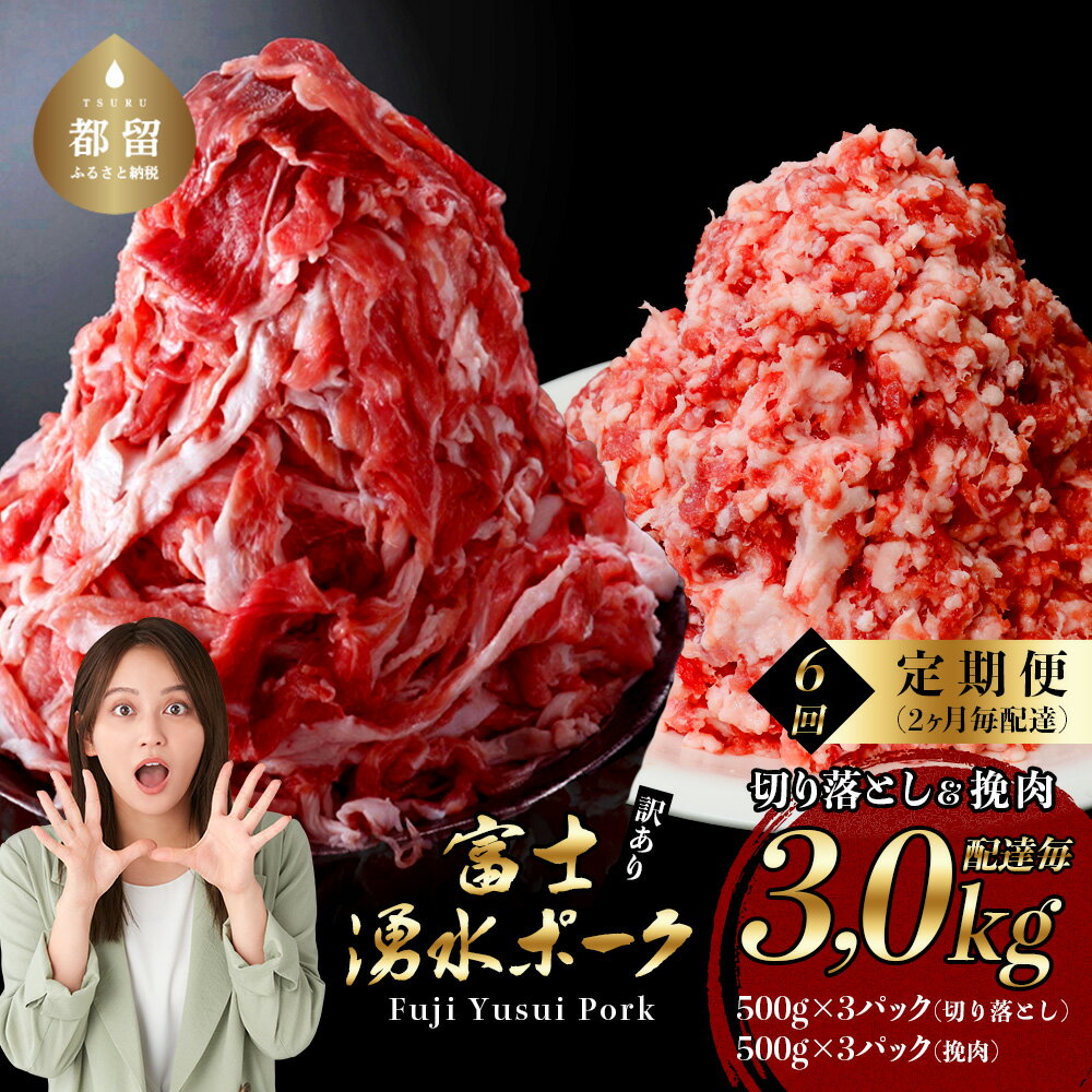 【※緊急支援特別品】＜定期便＞ 6回プラン 幻の銘柄豚 富士湧水ポーク 2か月毎に美味しいお肉が届く！ 切り落とし1.5kg+挽肉1.5kg ｜豚肉 豚 切り落とし スライス 厳選 国産 ギフト 送料無料 コロナ 応援 緊急支援 増量 ひき肉 挽き肉 小分け 真空【冷蔵】
