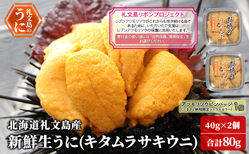 
                  【礼文島リボンプロジェクト】北海道 礼文島産 新鮮生うに キタムラサキウニ 40g×2パック(ピンバッジ付)［野崎水産］【 うに ウニ 雲丹 生うに ムラサキウニ 自然保護 寄付 海鮮 】
                