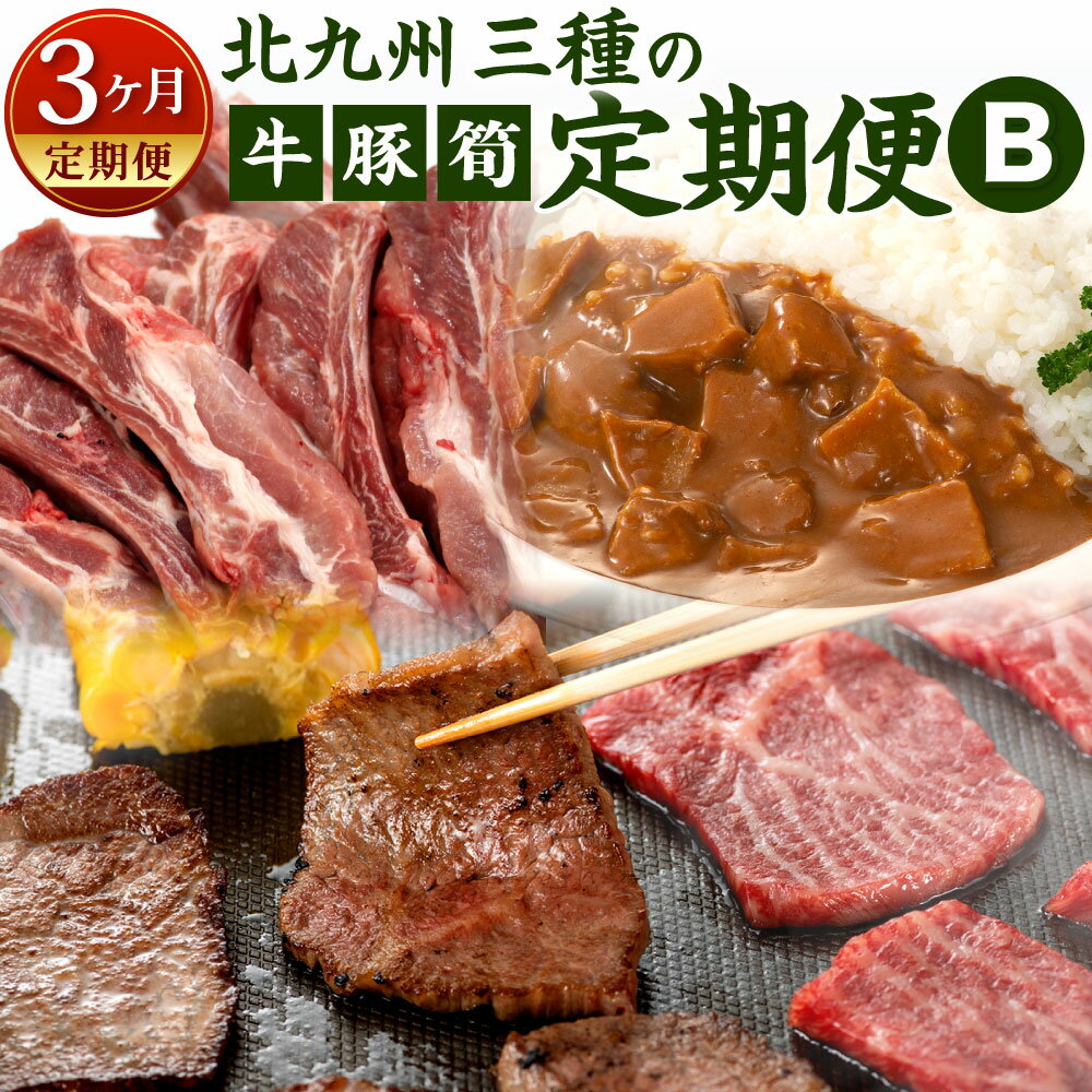 【ふるさと納税】【3ヶ月定期便】北九州 三種の定期便 B 関門和牛 関門ポーク 食べ比べ 牛肉 豚肉 お肉 合馬産筍カレー 詰め合わせ 焼肉 赤身 焼き肉 BBQ スペアリブ おかず たけのこ カレー レトルト 冷凍 国産 福岡県北九州市