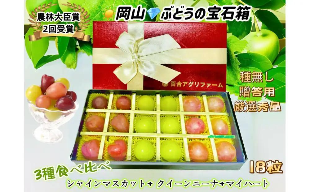 【8月中旬から発送】 2026年 岡山産ぶどう3種 食べ比べ 宝石箱 クイーンニーナ シャインマスカット マイハート 粒だけ18粒 長方形化粧箱 農林大臣賞2回受賞  岡山 果物 フルーツ  数量限定 【箱カラー：レッド】