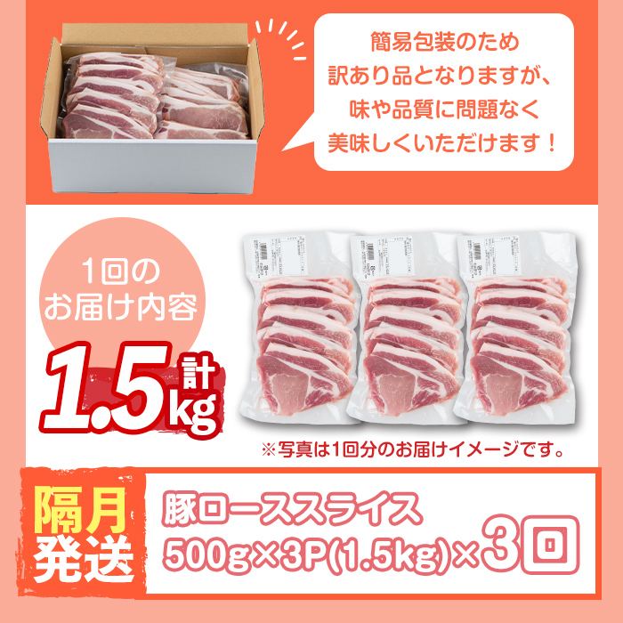 s603-B 【隔月・定期便3回】＜訳あり＞鹿児島県産豚ローススライス(計4.5kg・500g×3P×3回) 豚肉 ロース スライス 小分け 国産 しゃぶしゃぶ 生姜焼き 鹿児島 お肉 ポーク 真空包