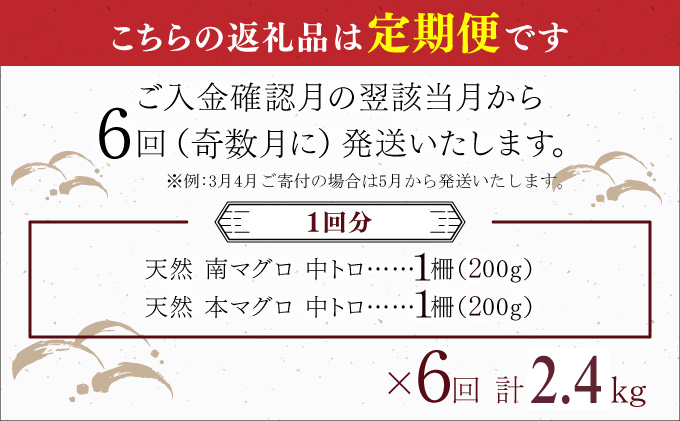 【６回定期便】天然本マグロ 天然南マグロ 中トロ 各1柵 奇数月 まぐろ 鮪 鮮魚 刺身 寿司 高級 食べ比べ