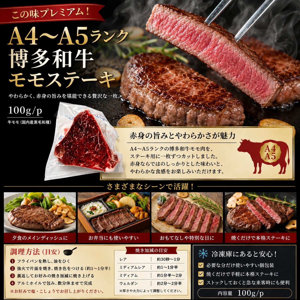 この味プレミアム！【A4～A5】博多和牛モモステーキ 300g (100g×3p) | 牛肉 ブランド牛 国産 和牛 福岡 博多  BBQ CP066a 300g