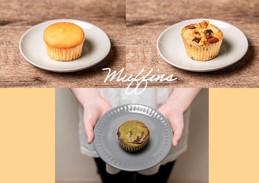 プレーンマフィン（左上）、チョコナッツマフィン（右上）、抹茶チョコレートマフィン（下）