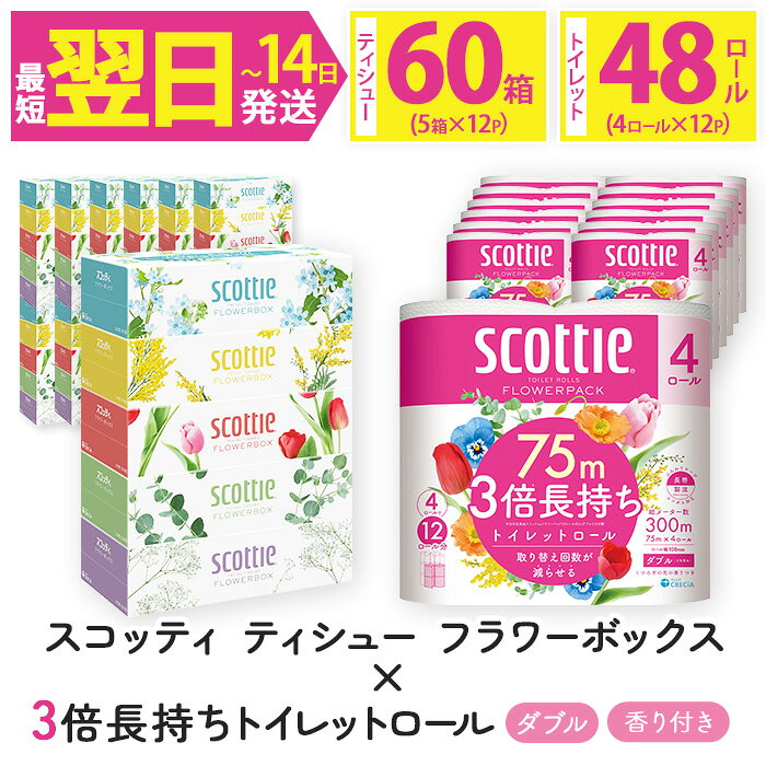 【ふるさと納税】＜ボックスティッシュ＆トイレットロールセット＞スコッティ ティシュー フラワーボックス 250組 60箱＆スコッティ フラワーパック 3倍長持ち ダブル 48ロール (ティッシュ5箱×12・トイレットロール4ロール×12)【fc-AS004-A】【日本製紙クレシア株式会社】
