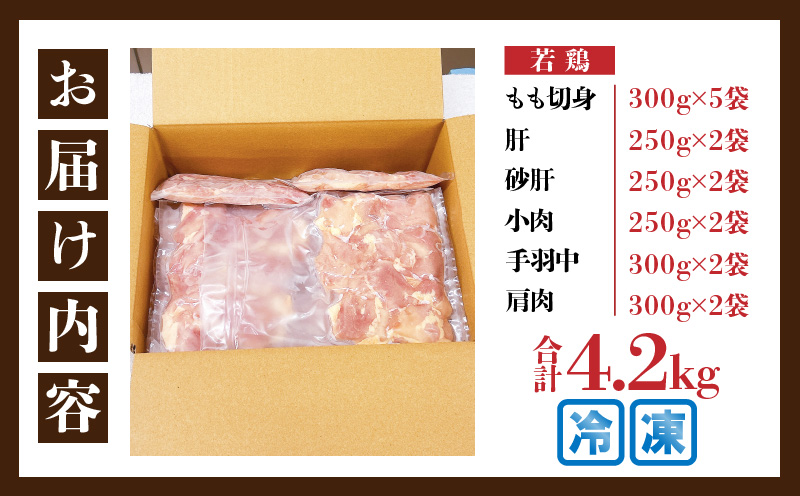 【ANA限定】若鶏 焼肉 セット 合計4.2kg 鶏肉 国産 チキン 鶏もも肉 切身 肝 砂肝 小肉 手羽中 チキンリブ 肩肉 人気 小分け 便利 おかず お弁当 おつまみ 食品 真空パック BBQ 