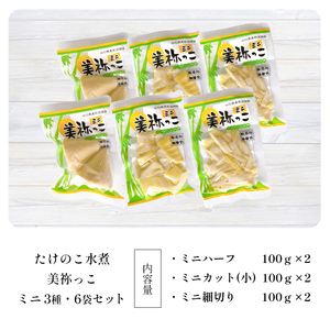 美祢っ子 無添加たけのこの水煮 (ミニ3種・6個セット) ｜ 山口県 美祢市 美祢 食品 たけのこ 筍 タケノコ 水煮 美味しい おいしい 健康 国産 野菜 無添加 無着色 特産品 名産品 支援品 お