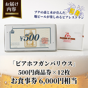 ＜数量限定・大山Gビール＞「ビアホフガンバリウス」お食事券(6,000円相当) 鳥取県 大山 ビアレストラン ビール クラフトビール 地ビール ご当地ビール お酒 アルコール 大山ハム 窯焼きピッツァ