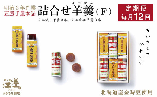 《1年定期便・毎月配送×12回》五勝手屋本舗『詰合せ羊羹』（F）ミニ流し羊羹3本／ミニ丸缶羊羹3本　金時豆のようかん　保存料不使用　五勝手屋羊羹の老舗　和菓子　銘菓　名物　贈答用　ギフト　五勝手屋さんの定期便