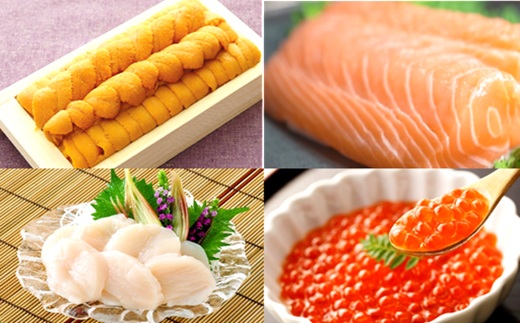 
                  E-40033 エゾバフンウニ100g×1折、いくら醤油漬け(鱒卵)100g×1P、お刺身ホタテ貝柱300g×1P、お刺身サーモン300g～500g(1～3本)[11月下旬以降発送]
                