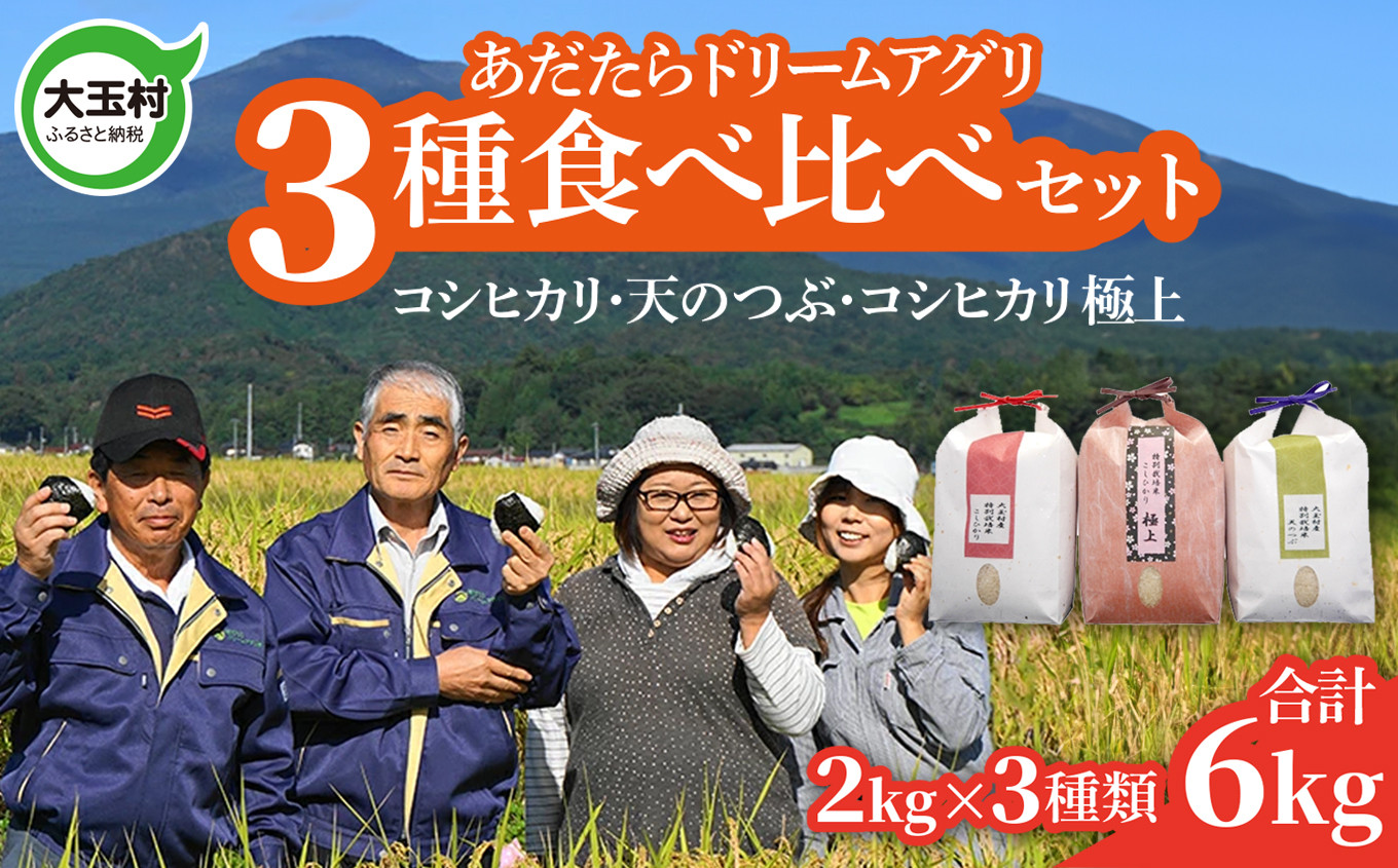 
米 令和5年産 6kg 3種食べ比べセット （ コシヒカリ 2㎏、 天のつぶ 2㎏、コシヒカリ 極上 2㎏）｜ 福島県 大玉村 米作り おいしいお米コンクール 受賞米 あだたら ドリームアグリ 特別栽培米 特別栽培 安達太良山 安心 子ども ｜ 07452
