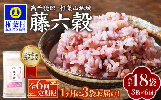 
            【6回定期便】【雑穀米】藤の花色に染まる美しい六穀米《藤六穀》300g×3袋 6回配送【世界農業遺産 高千穂郷・椎葉山地域】送料無料 定期便 定期 保存食 非常食 米 お米 ご飯 ご当地 贈り物 手土産 お土産 挨拶 祝い ギフト 父 母 栄養 健康 うるち米 たかきび 挽割とうもろこし もちあわ もち麦 黒米【TT-17】
          