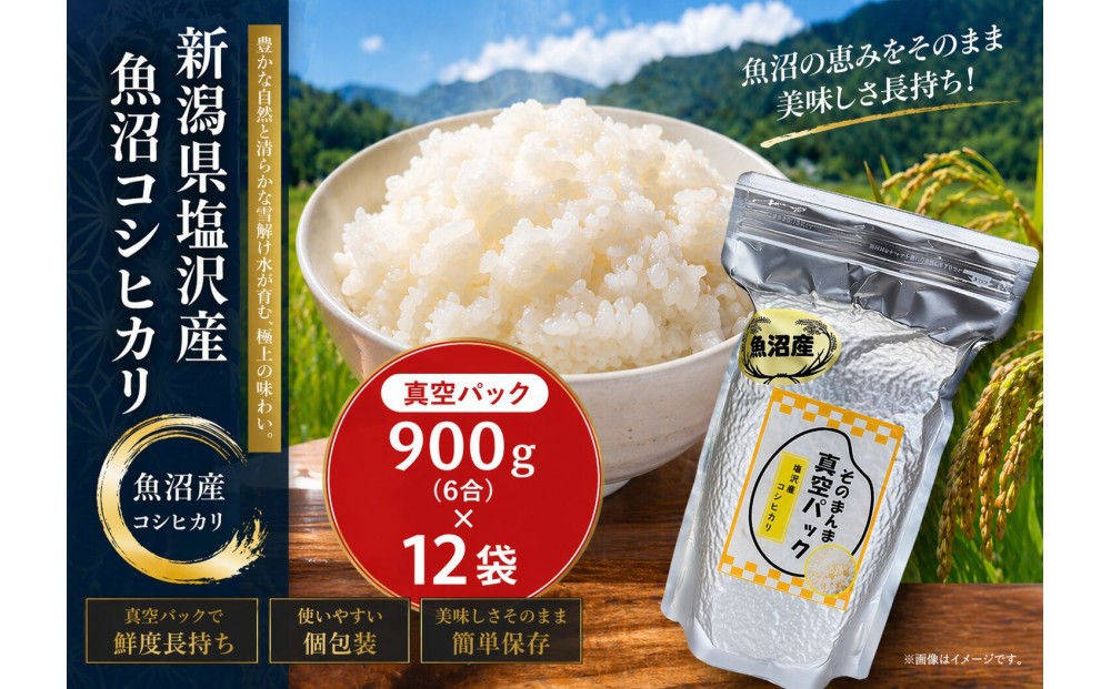 
                  新潟県塩沢産コシヒカリ そのまんま真空パック 900ｇ×12袋
                