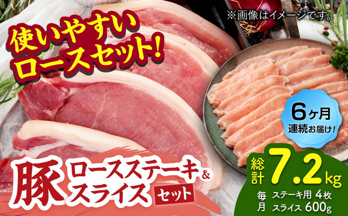 
                  【6回定期便】豚ロースステーキ＆スライスセット 約1.2kg（ステーキ用 約150g×4枚・スライス 約300g×2pc）【吉里精肉】 [ZEW103]
                