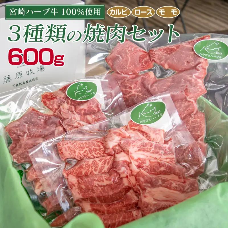 ＜宮崎ハーブ牛＞3種 焼肉セット 計600g カルビ ロース 赤身 モモ 食べ比べ【B364】